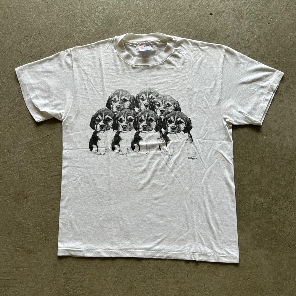 Vintage 90s Beagle Dog Shirt Size Large White Puppy Graphic Rudolph Art